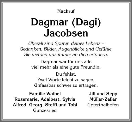 Traueranzeige von Dagmar Jacobsen von Allgäuer Anzeigeblatt
