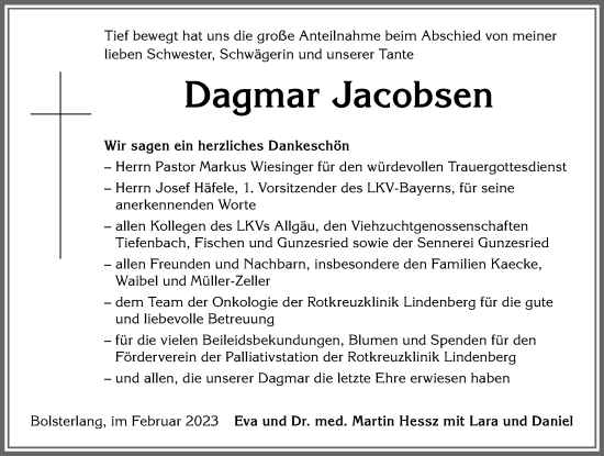 Traueranzeige von Dagmar Jacobsen von Allgäuer Anzeigeblatt