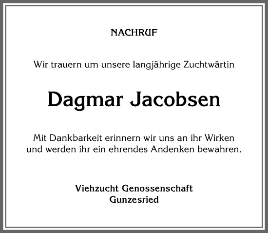 Traueranzeige von Dagmar Jacobsen von Allgäuer Anzeigeblatt