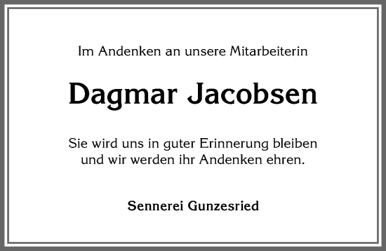 Traueranzeige von Dagmar Jacobsen von Allgäuer Anzeigeblatt