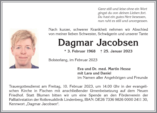 Traueranzeige von Dagmar Jacobsen von Allgäuer Anzeigeblatt