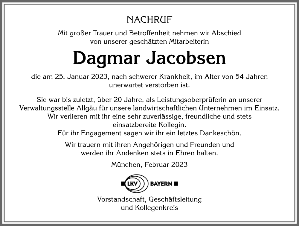  Traueranzeige für Dagmar Jacobsen vom 08.02.2023 aus Allgäuer Anzeigeblatt