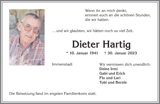 Traueranzeige von Dieter Hartig von Allgäuer Anzeigeblatt