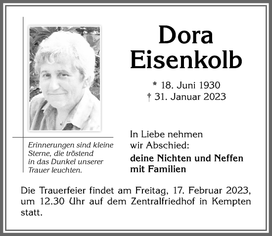 Traueranzeige von Dora Eisenkolb von Allgäuer Zeitung,Kempten