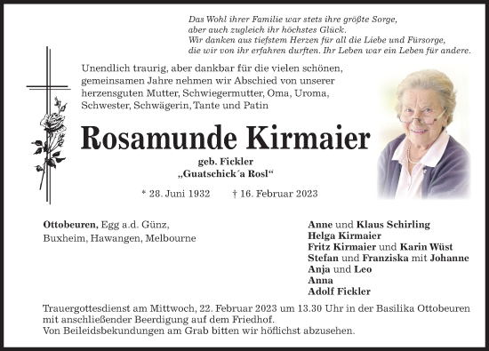 Traueranzeige von Rosamunde Kirmaier 