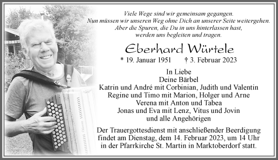 Traueranzeige von Eberhard Würtele von Allgäuer Zeitung, Marktoberdorf