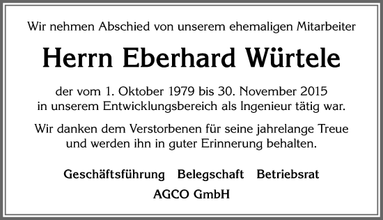 Traueranzeige von Eberhard Würtele von Allgäuer Zeitung, Marktoberdorf