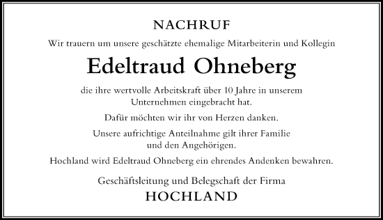 Traueranzeige von Edeltraud Ohneberg von Der Westallgäuer