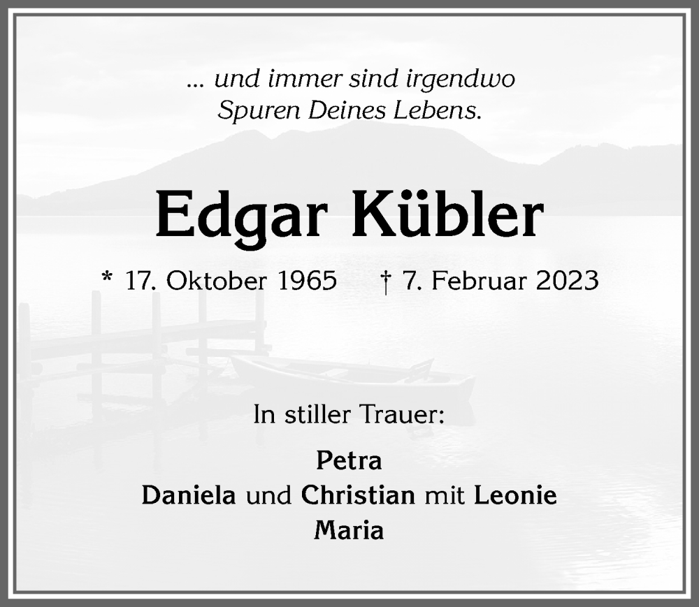  Traueranzeige für Edgar Kübler vom 18.02.2023 aus Allgäuer Zeitung,Kempten