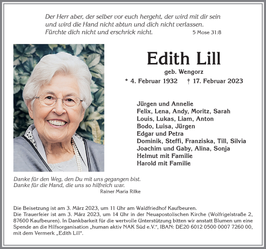 Traueranzeige von Edith Lill von Allgäuer Zeitung, Kaufbeuren/Buchloe