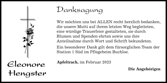 Traueranzeige von Eleonore Hengster von Augsburger Allgemeine, Mindelheimer Zeitung