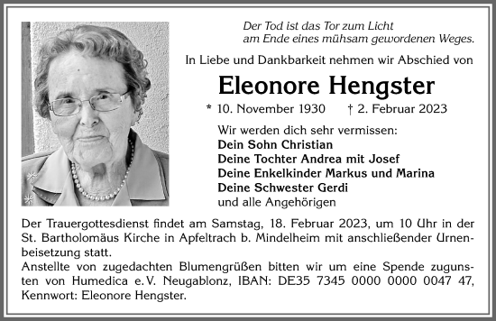 Traueranzeige von Eleonore Hengster von Allgäuer Zeitung, Kaufbeuren/Buchloe