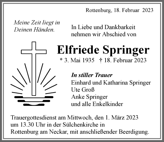 Traueranzeige von Elfriede Springer von Memminger Zeitung