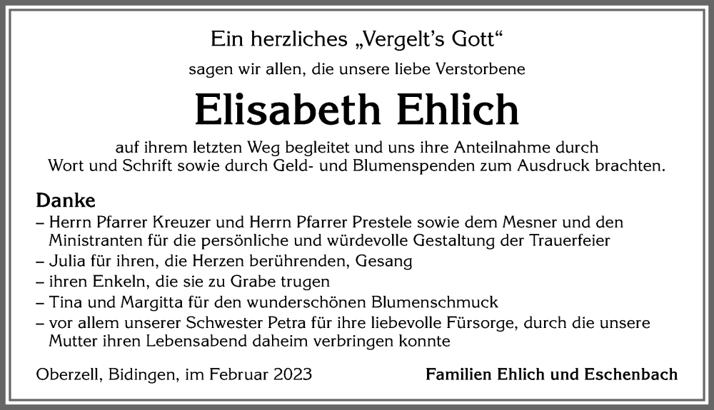  Traueranzeige für Elisabeth Ehlich vom 11.02.2023 aus Allgäuer Zeitung, Marktoberdorf