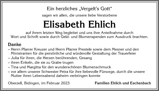 Traueranzeige von Elisabeth Ehlich von Allgäuer Zeitung, Marktoberdorf