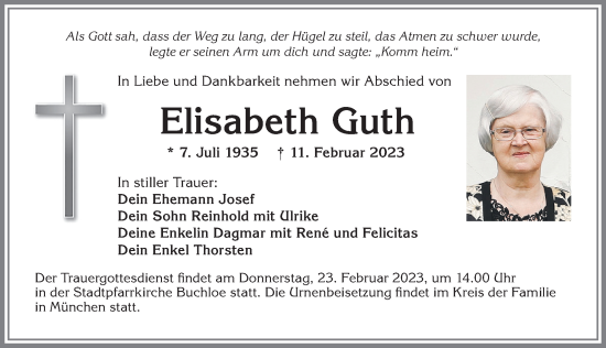 Traueranzeige von Elisabeth Guth von Allgäuer Zeitung, Kaufbeuren/Buchloe