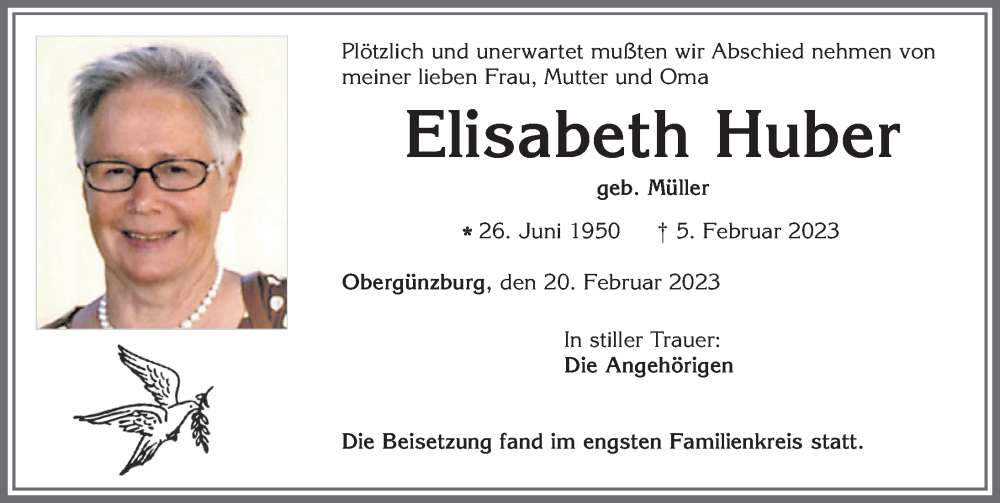  Traueranzeige für Elisabeth Huber vom 20.02.2023 aus Allgäuer Zeitung, Marktoberdorf