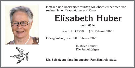 Traueranzeige von Elisabeth Huber von Allgäuer Zeitung, Marktoberdorf