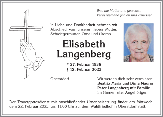 Traueranzeige von Elisabeth Langenberg von Allgäuer Anzeigeblatt