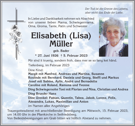 Traueranzeige von Elisabeth Müller von Allgäuer Anzeigeblatt
