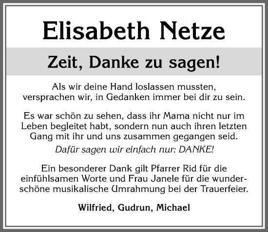 Traueranzeige von Elisabeth Netze von Allgäuer Zeitung, Marktoberdorf