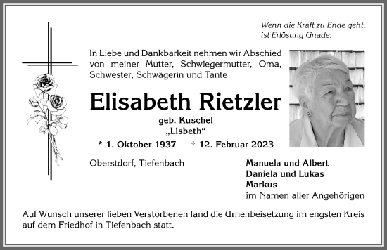 Traueranzeige von Elisabeth Rietzler von Allgäuer Anzeigeblatt