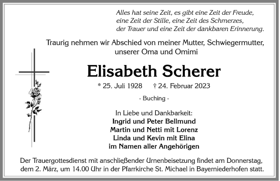 Traueranzeige von Elisabeth Scherer von Allgäuer Zeitung, Füssen