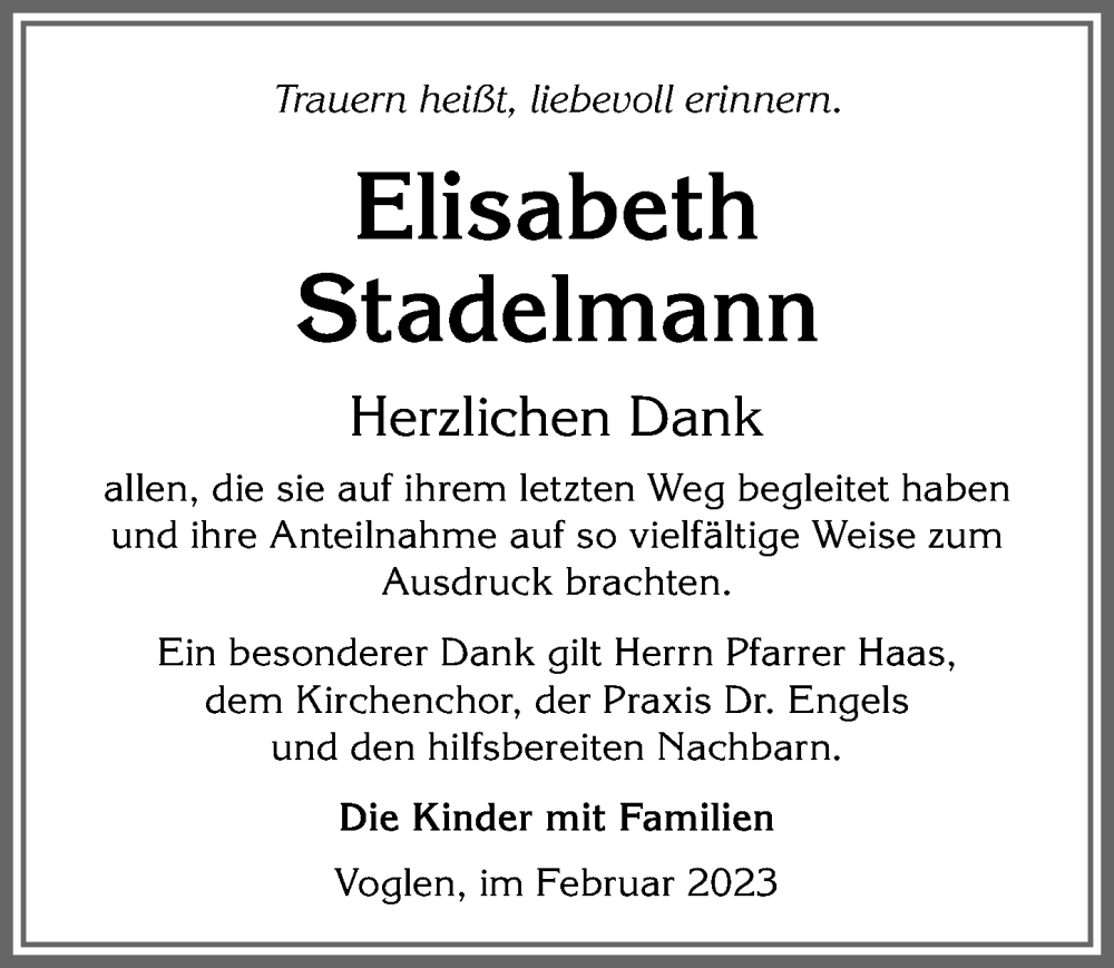  Traueranzeige für Elisabeth Stadelmann vom 25.02.2023 aus Allgäuer Zeitung, Füssen
