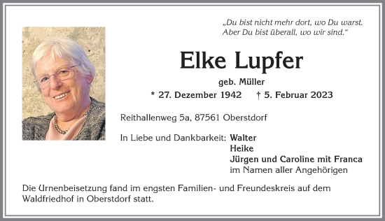 Traueranzeige von Elke Lupfer von Allgäuer Zeitung,Kempten