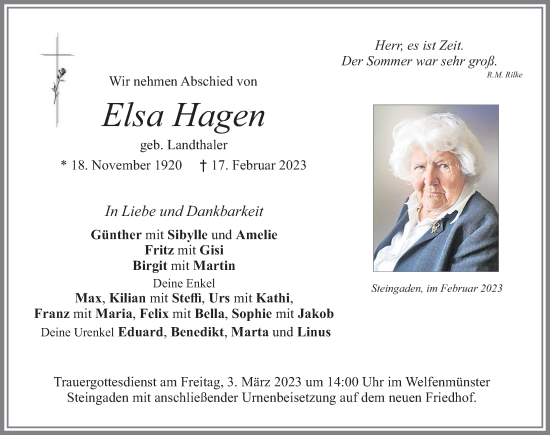 Traueranzeige von Elsa Hagen von Allgäuer Zeitung, Füssen