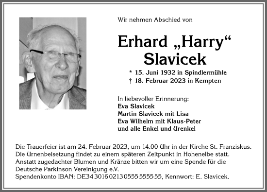 Traueranzeige von Erhard Slavicek von Allgäuer Zeitung,Kempten