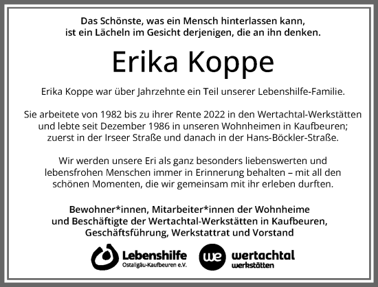 Traueranzeige von Erika Koppe von Allgäuer Zeitung, Kaufbeuren/Buchloe