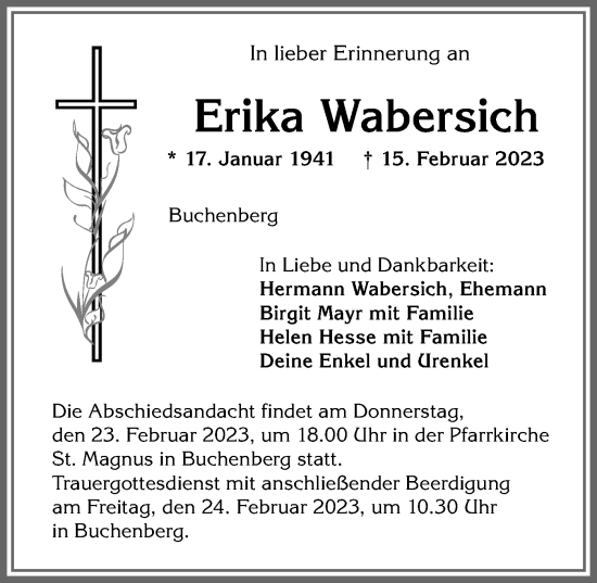 Traueranzeige von Erika Wabersich von Allgäuer Zeitung,Kempten
