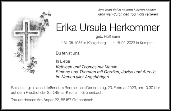 Traueranzeige von Erika Ursula Herkommer von Der Westallgäuer