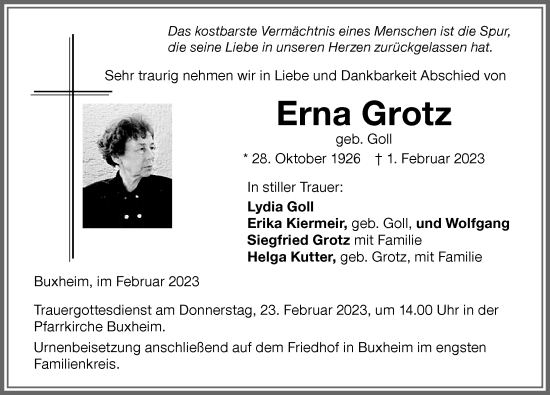 Traueranzeige von Erna Grotz von Memminger Zeitung