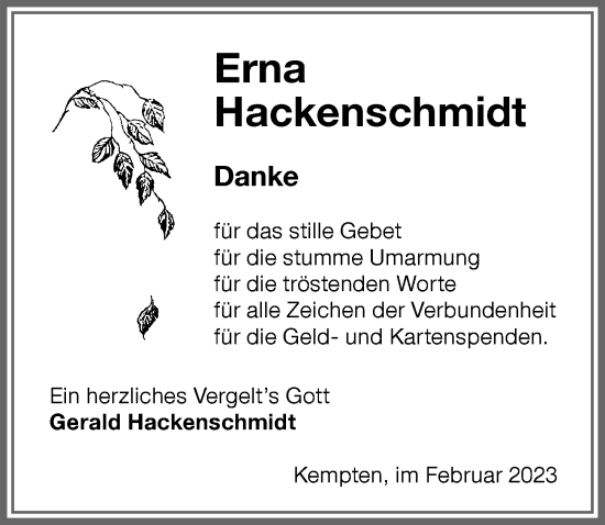 Traueranzeige von Erna Hackenschmidt von Allgäuer Zeitung,Kempten