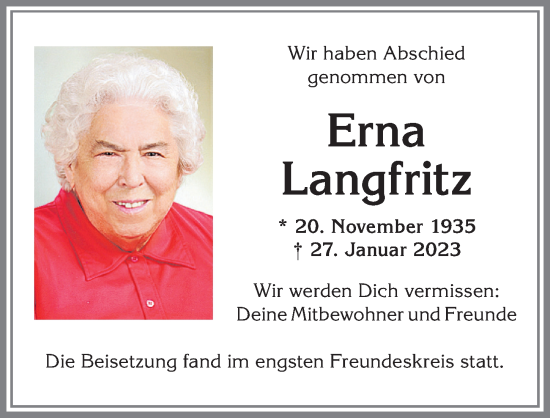 Traueranzeige von Erna Langfritz von Allgäuer Zeitung,Kempten