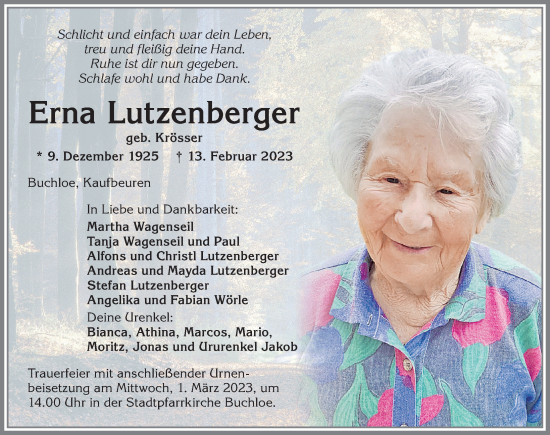 Traueranzeige von Erna Lutzenberger von Allgäuer Zeitung, Kaufbeuren/Buchloe