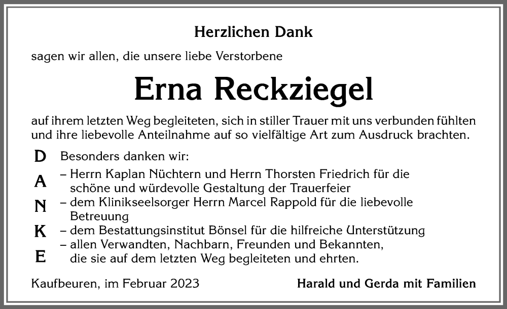  Traueranzeige für Erna Reckziegel vom 04.02.2023 aus Allgäuer Zeitung, Kaufbeuren/Buchloe