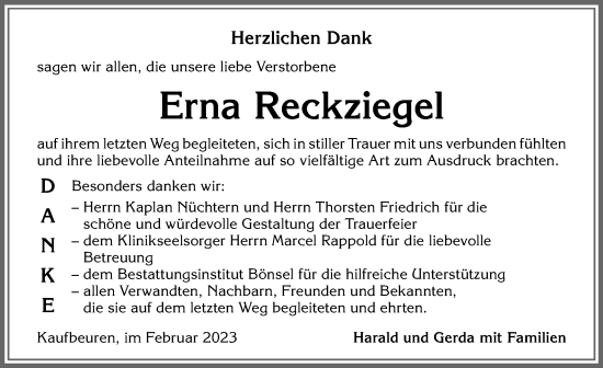 Traueranzeige von Erna Reckziegel von Allgäuer Zeitung, Kaufbeuren/Buchloe