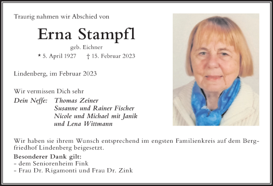 Traueranzeige von Erna Stampfl von Der Westallgäuer