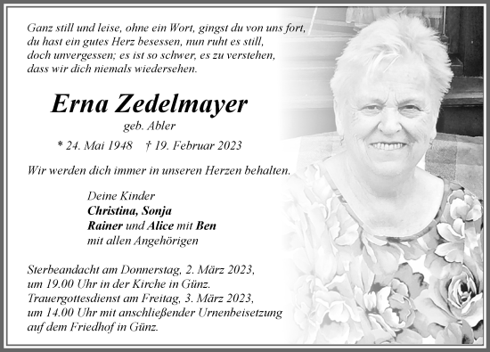 Traueranzeige von Erna Zedelmayer von Memminger Zeitung