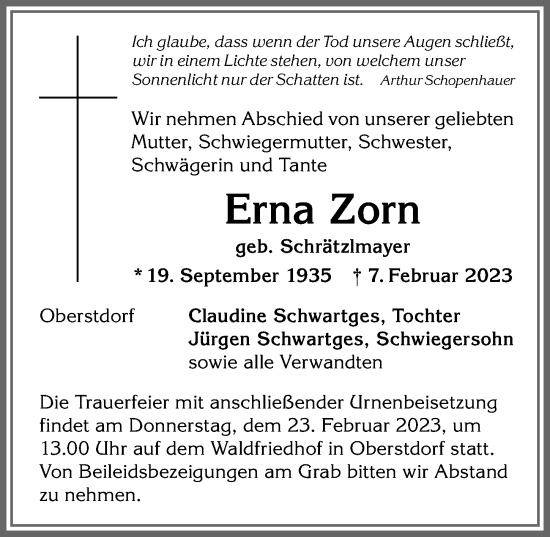 Traueranzeige von Erna Zorn von Allgäuer Anzeigeblatt