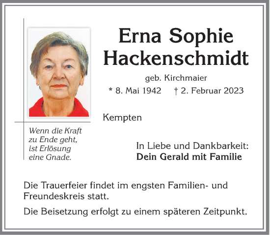 Traueranzeige von Erna Sophie Hackenschmidt von Allgäuer Zeitung,Kempten