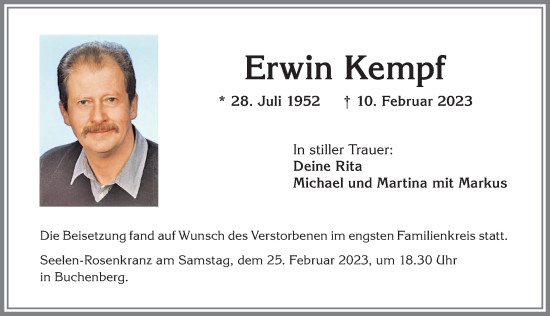 Traueranzeige von Erwin Kempf von Allgäuer Zeitung,Kempten