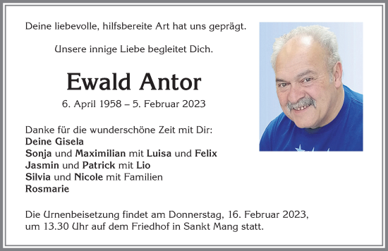 Traueranzeige von Ewald Antor von Allgäuer Zeitung,Kempten