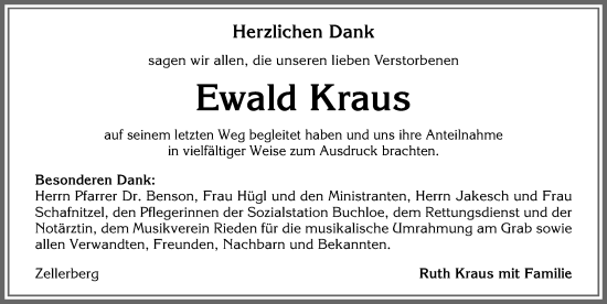 Traueranzeige von Ewald Kraus von Allgäuer Zeitung, Kaufbeuren/Buchloe
