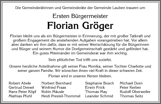 Traueranzeige von Florian Gröger von Allgäuer Zeitung,Kempten