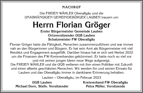 Traueranzeige von Florian Gröger von Allgäuer Zeitung,Kempten