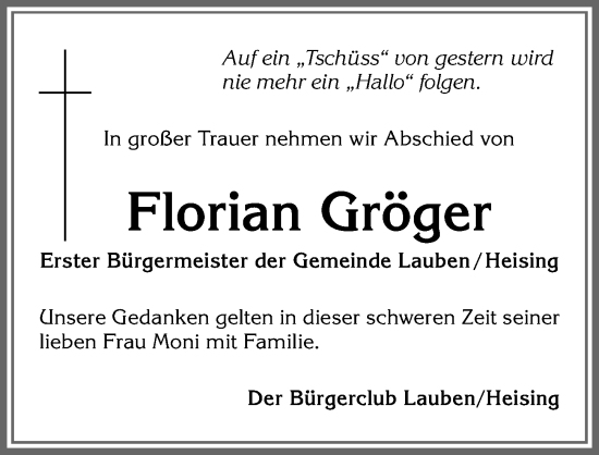 Traueranzeige von Florian Gröger von Allgäuer Zeitung,Kempten